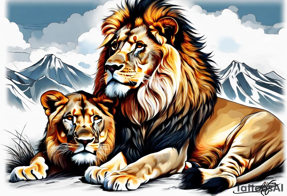 Realistic lion and lioness 
bonding tattoo idea