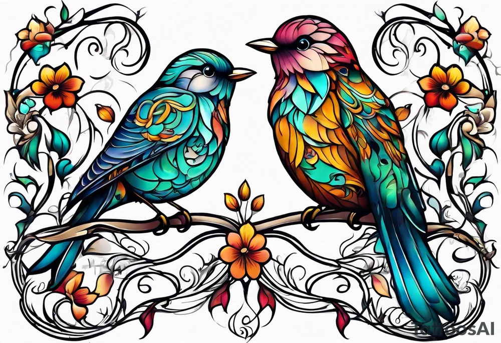 Whimsical birds and vines tattoo idea