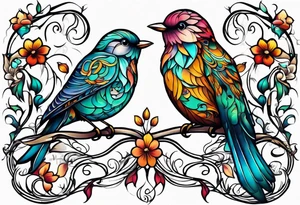 Whimsical birds and vines tattoo idea