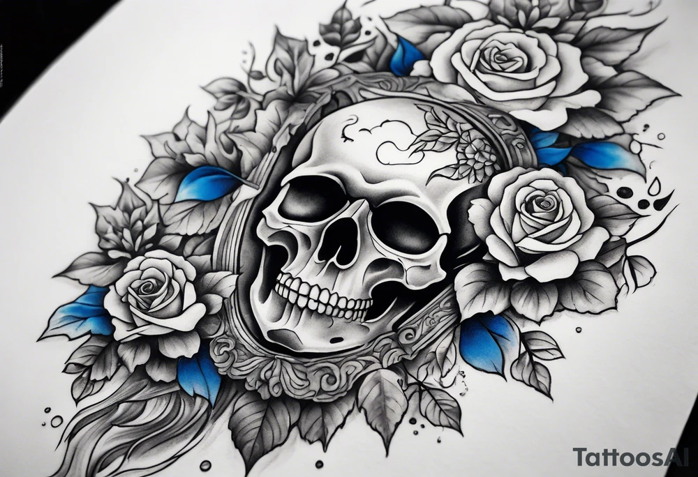 Front knee tattoo with fall colors, small flowers, rose, satanic skull, leaves, blue water flows with washes and background, Powell Peralta logo tattoo idea