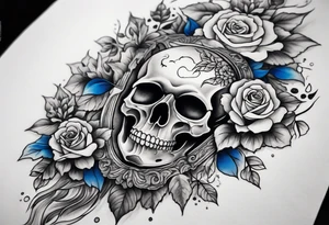 Front knee tattoo with fall colors, small flowers, rose, satanic skull, leaves, blue water flows with washes and background, Powell Peralta logo tattoo idea