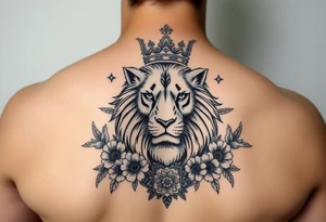 powerful majestic lion with a crown, surrounded by floral ornaments and birds tattoo idea
