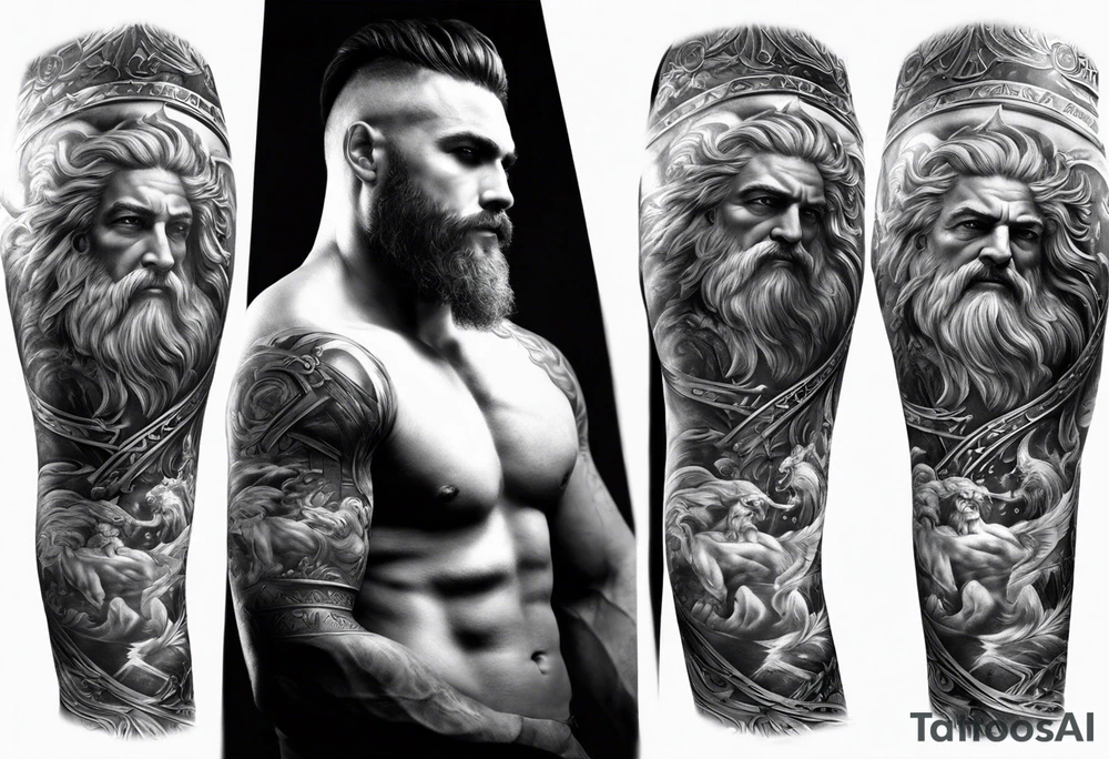 Half sleeve on the right arm with zeus and some text that goes along with it and you can add some Sparta maybe or some building temple of zeus tattoo idea