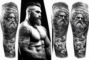 Half sleeve on the right arm with zeus and some text that goes along with it and you can add some Sparta maybe or some building temple of zeus tattoo idea