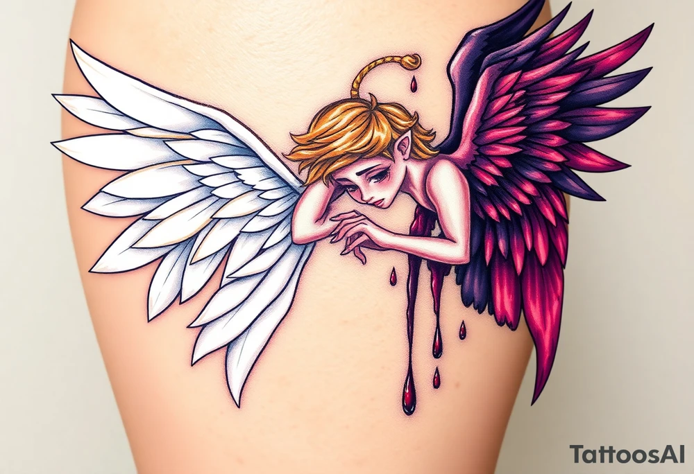 angel, with brilliant white wings that shine with golden accents ageinst fallen angel, whose wings are tattered and darkened with deep purples, reds, and blacks, dripping with sorrowful tears of blood. tattoo idea