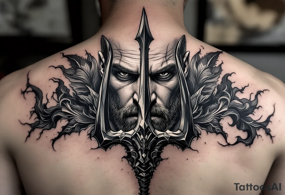 close-up man behind a trident tattoo idea