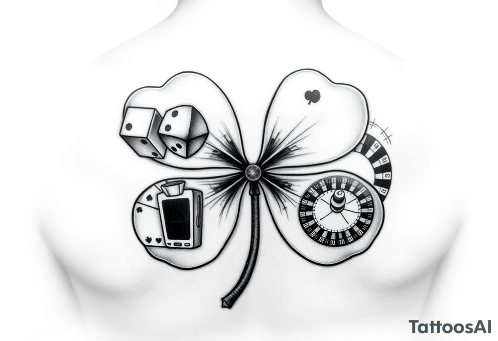 A. Four-leaf clover with dice, playing cards, a slot machine, and a roulette table in each leaf tattoo idea