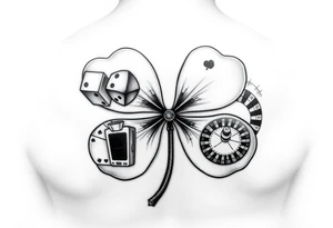 A. Four-leaf clover with dice, playing cards, a slot machine, and a roulette table in each leaf tattoo idea