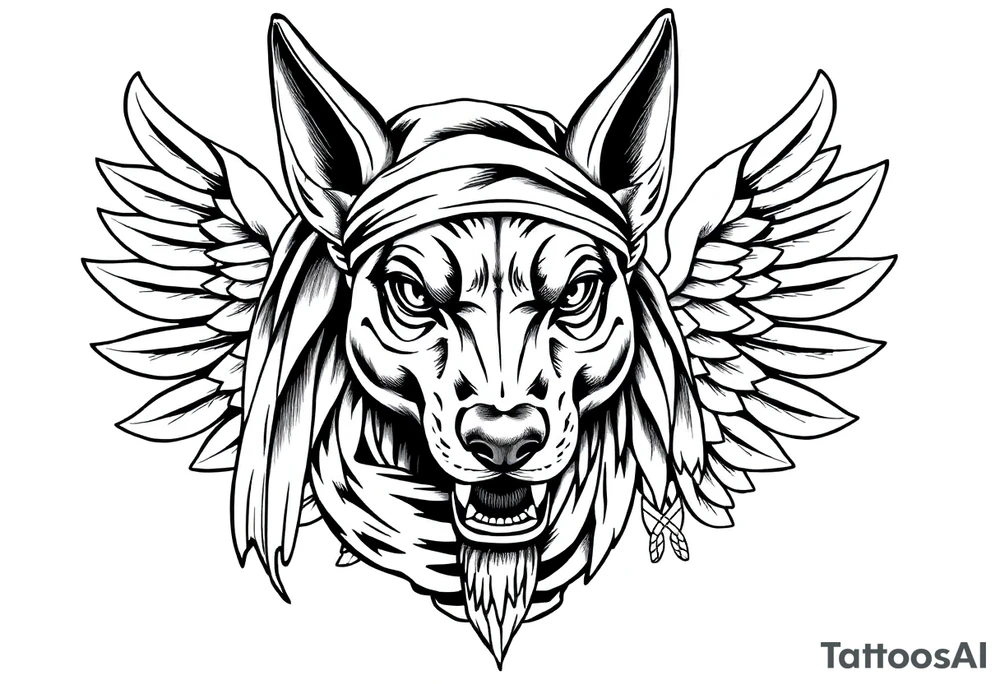 Egyptian Anubis god face muscle in Egypt style  with scarf on head

dog face surrounded Egyptian symbols based on elements tattoo idea