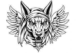 Egyptian Anubis god face muscle in Egypt style  with scarf on head

dog face surrounded Egyptian symbols based on elements tattoo idea