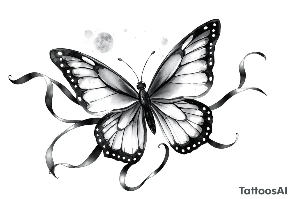 ethereal butterfly with flowing silk ribbons in moonlight tattoo idea