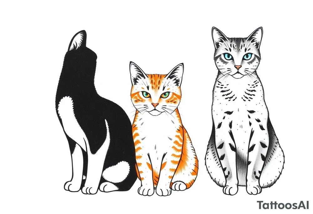 three cats, one black and white cat, one orange and white cat and one grey tabby cat tattoo idea