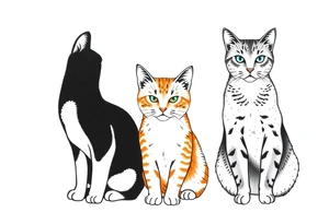 three cats, one black and white cat, one orange and white cat and one grey tabby cat tattoo idea