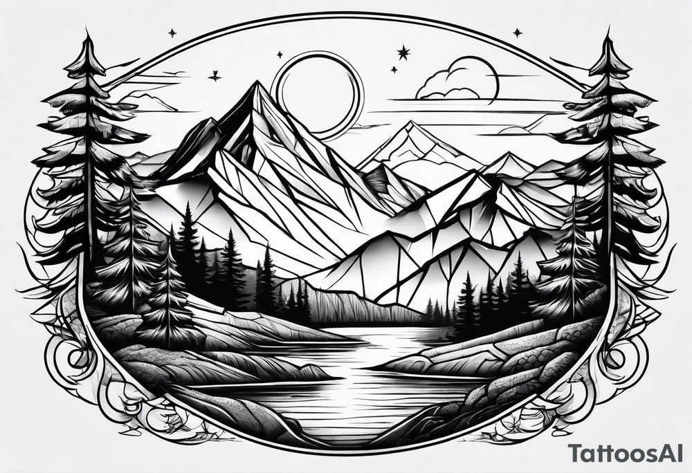 Fineline mountain scene tattoo idea