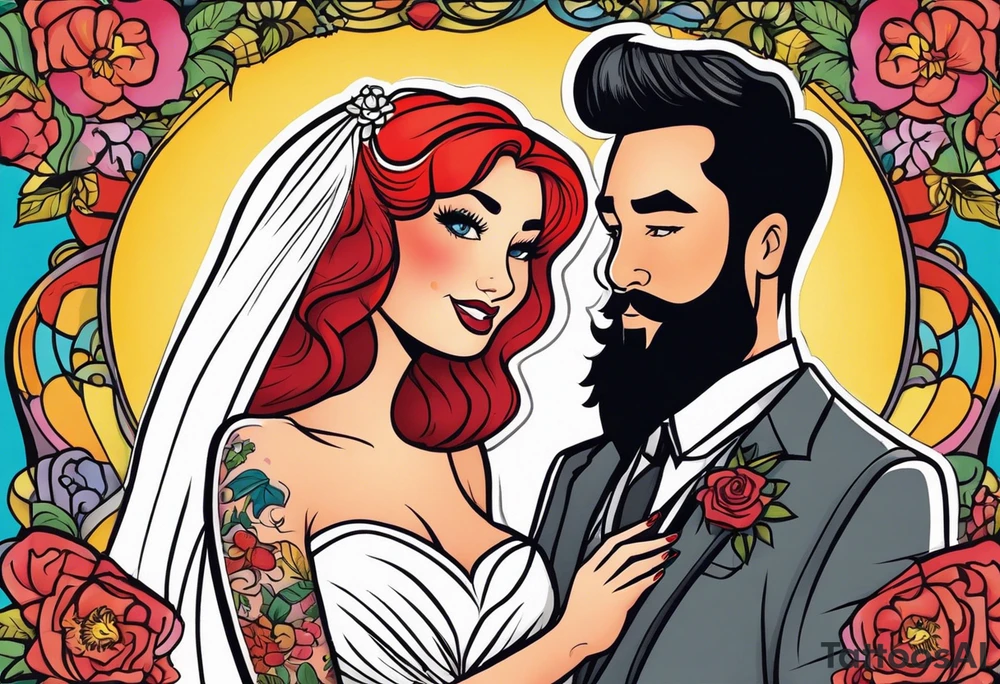 Busty red haired woman and a bearded man with black hair getting married tattoo idea