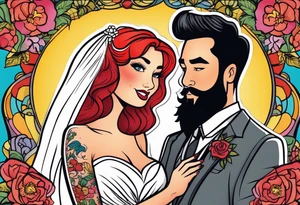 Busty red haired woman and a bearded man with black hair getting married tattoo idea