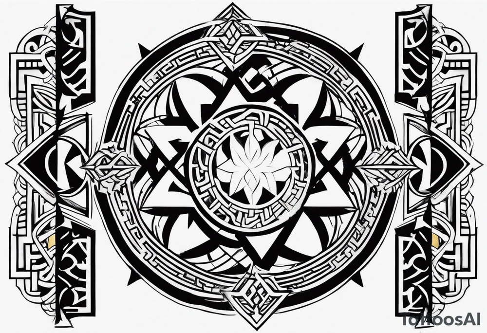 A half-and-half tattoo design, where one half features intricate geometric and mystical symbols inspired by Doctor Strange, with detailed line work or tribal patterns. The other half could integrate another element, such as a philosophical word from Asian languages, adding depth and personal meaning. The design balances mystical symbols with reflective, life-oriented themes tattoo idea
