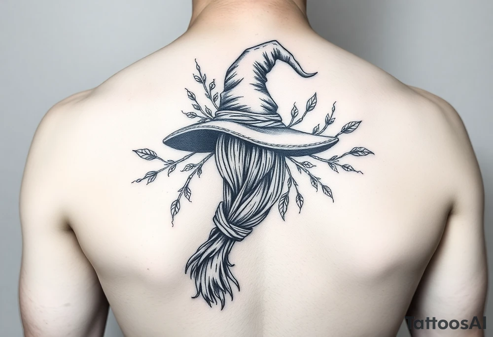 Which is broom with a witches hat with vines and feathers for women? tattoo idea