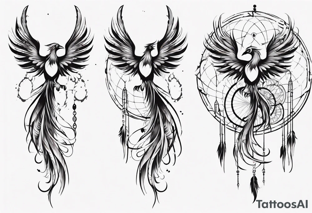Vertical powerful Phoenix in circles with abstract dream catcher tail tattoo idea Vertical powerful Phoenix in circles with abstract dream catcher tail tattoo idea