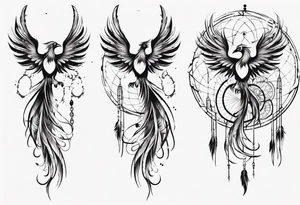 Vertical powerful Phoenix in circles with abstract dream catcher tail tattoo idea