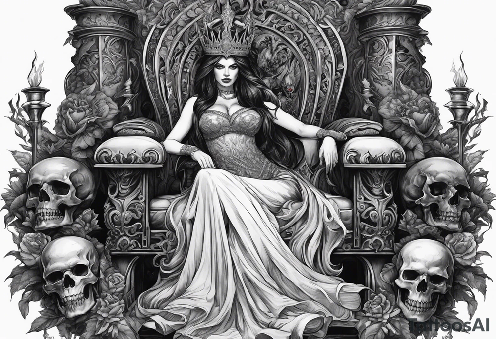 Hades wearing a black crown and Persephone on a throne in Hell sitting skulls with flame above tattoo idea