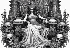 Hades wearing a black crown and Persephone on a throne in Hell sitting skulls with flame above tattoo idea