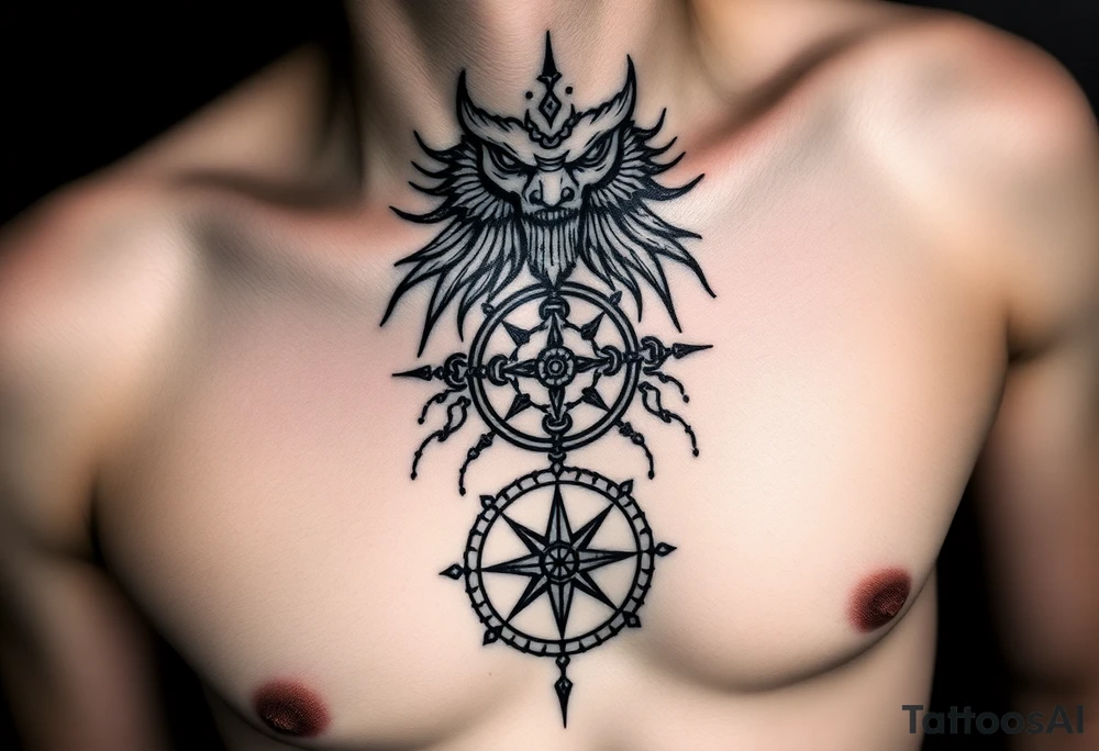 This tattoo is an ancient mark of power, as if carved not with ink, but with blood and time. Its vertical composition resembles a ritual totem that connects the three levels of existence: spirit, body, and path.

At the center lies a sacred runic symbol — a seal of inner strength and protection. It serves as a key to hidden knowledge and a talisman for one who walks their own path without looking back.
The broken lines and scarred ink appear as if the symbol was drawn in a trance, during an ancient ritual.

The upper part resembles the face of a forgotten god or a guardian spirit watching from above. The lower part is a runic compass of fate, guiding through chaos, darkness, and trials.
Every stroke is a spell. Every symbol is an oath.

This tattoo is not for everyone.
It is for those who embrace the shadow, are unafraid of the darkness, and know that true power is born within. tattoo idea