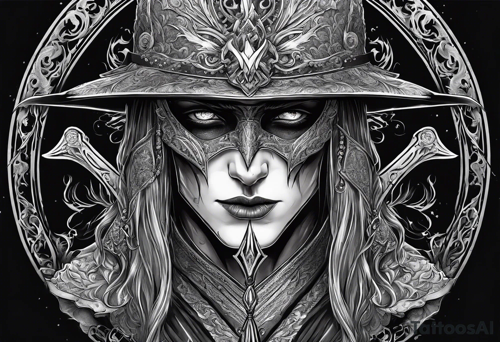necromancer guy with Scythe and white eyes tattoo idea