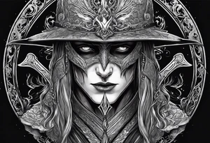 necromancer guy with Scythe and white eyes tattoo idea