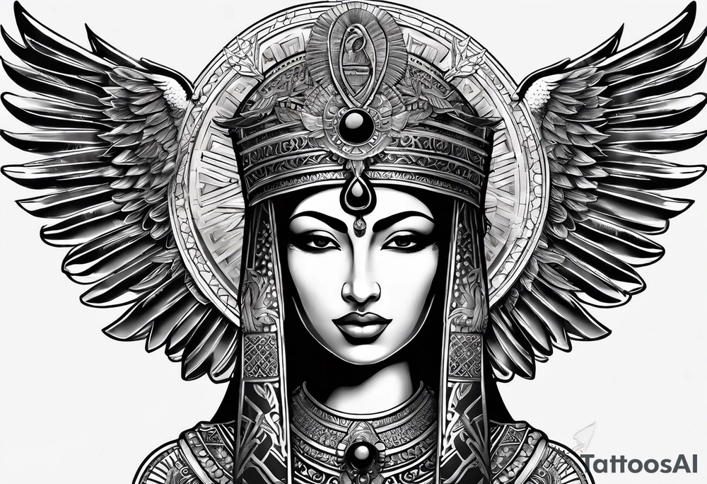 Isis (top center): With wings and the sun disc on her head, holding the ankh. tattoo idea