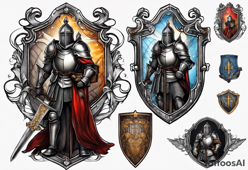 a knight with a bible on his shield tattoo idea