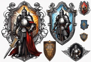 a knight with a bible on his shield tattoo idea