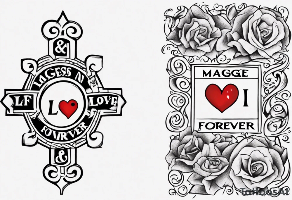 The words Maggie and Lucas and Love and Forever in a crossword puzzle tattoo idea