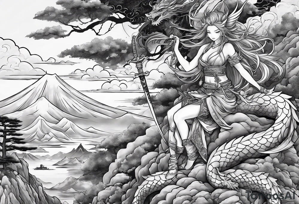 warrior fairy nymph with full body with sword and a full dragon with a mountain with clouds and a Japanese building background tattoo idea