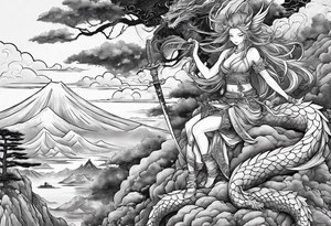 warrior fairy nymph with full body with sword and a full dragon with a mountain with clouds and a Japanese building background tattoo idea