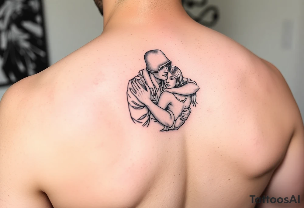 Linear tattoo for a military wife. Ukrainian soldier hugging a girl tattoo idea