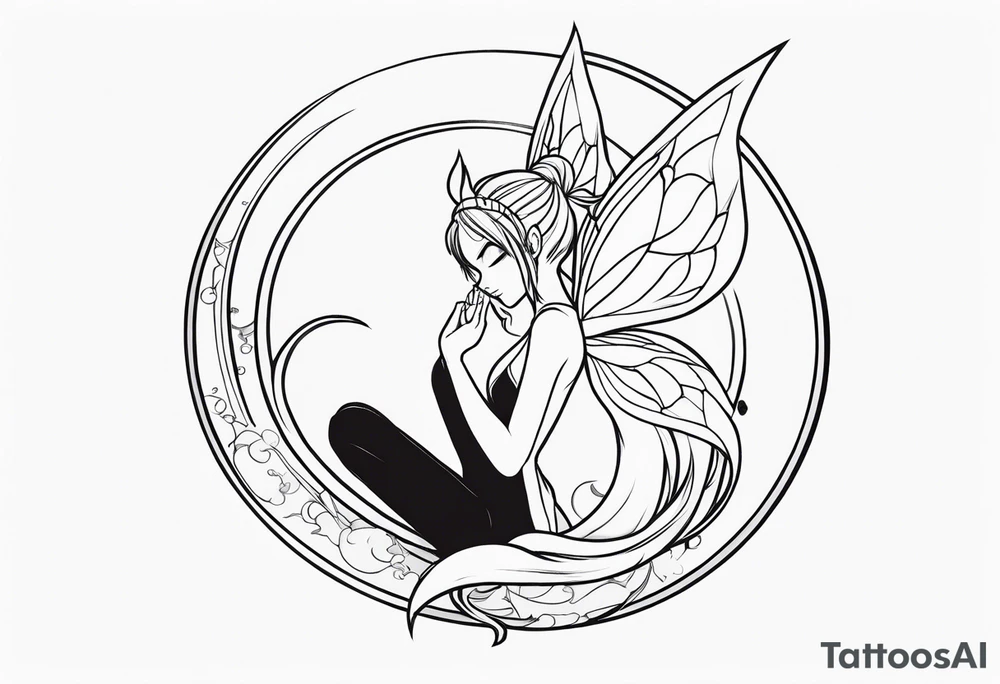No color sketch of a fairy with a tail inspired by the guild symbol in the anime show called Fairy Tail in a fetal position leaning in and forward while crawled in tattoo idea