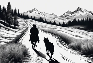 Lone wolf concept. A road or pathway with at one end a pack of animals heading in on direction. The lone wolf is heading in the other direction looking confident. tattoo idea