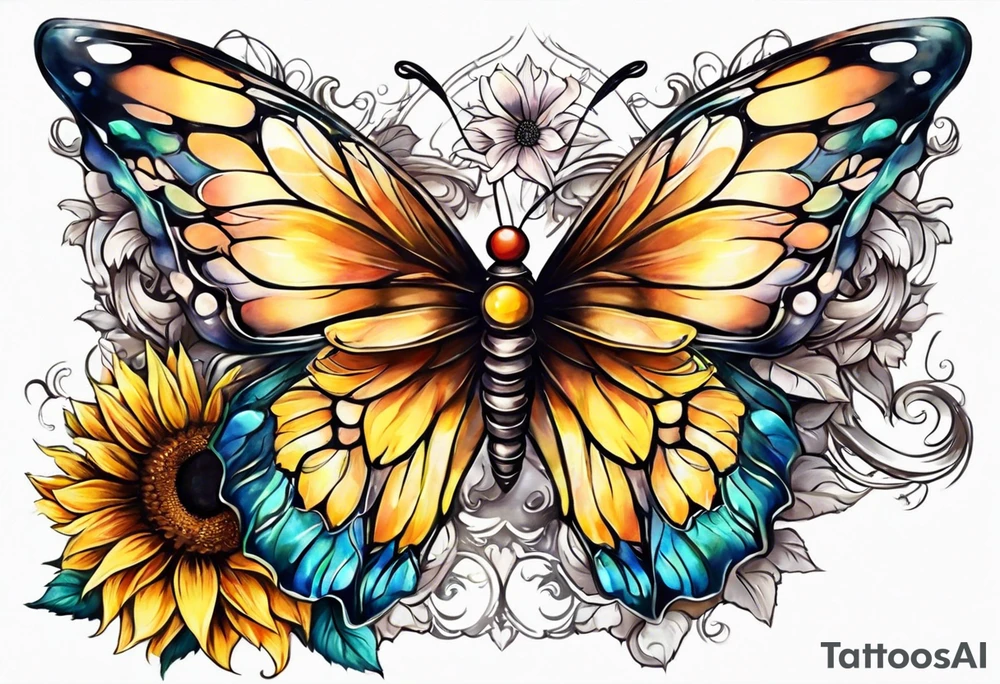 Sleeve with angel wings, sunflower and butterfly tattoo idea