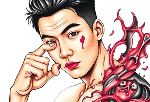 Handsome Asian young guy is putting fighting  make up on protecting from evil tattoo idea