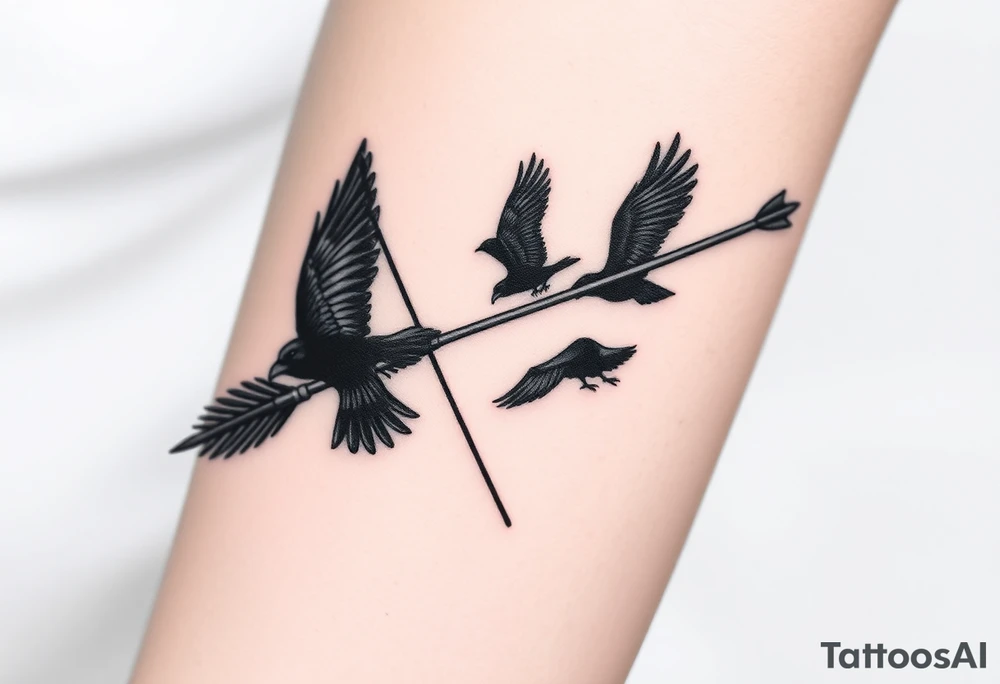 bow and arrow made from raven feathers with ravens flying out from it in a shadowy way, dark fantasy theme tattoo idea