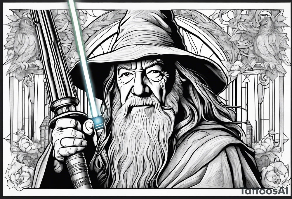 Gandalf wielding lightsaber, hogwarts in background. tattoo idea