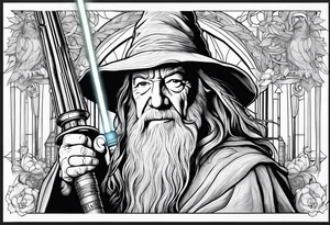 Gandalf wielding lightsaber, hogwarts in background. tattoo idea