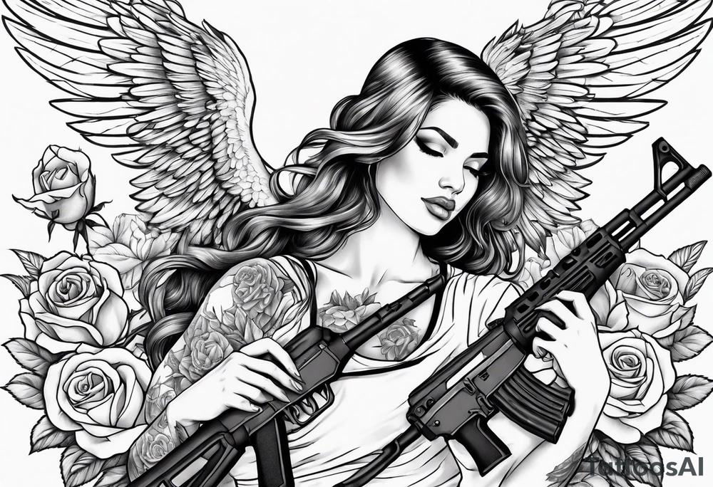 Beautiful angle with wings and tattoos surrounded by roses holding a ak 47 tattoo idea
