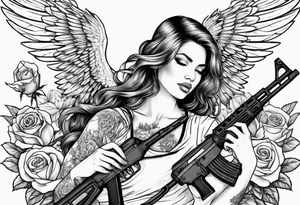 Beautiful angle with wings and tattoos surrounded by roses holding a ak 47 tattoo idea