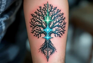 A Nordic tree of life (Yggdrasil) with Mjölnir hanging from one of its branches, glowing with divine energy in shades of green, blue, and silver. tattoo idea