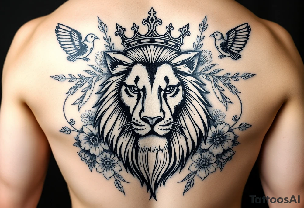 powerful majestic lion with a crown, surrounded by floral ornaments and birds tattoo idea