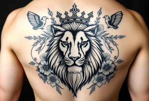 powerful majestic lion with a crown, surrounded by floral ornaments and birds tattoo idea