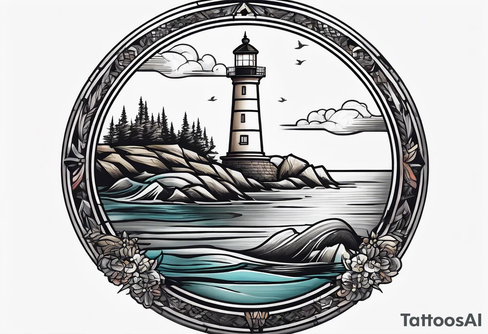 lighthouse,  circle framed, minimalism tattoo idea