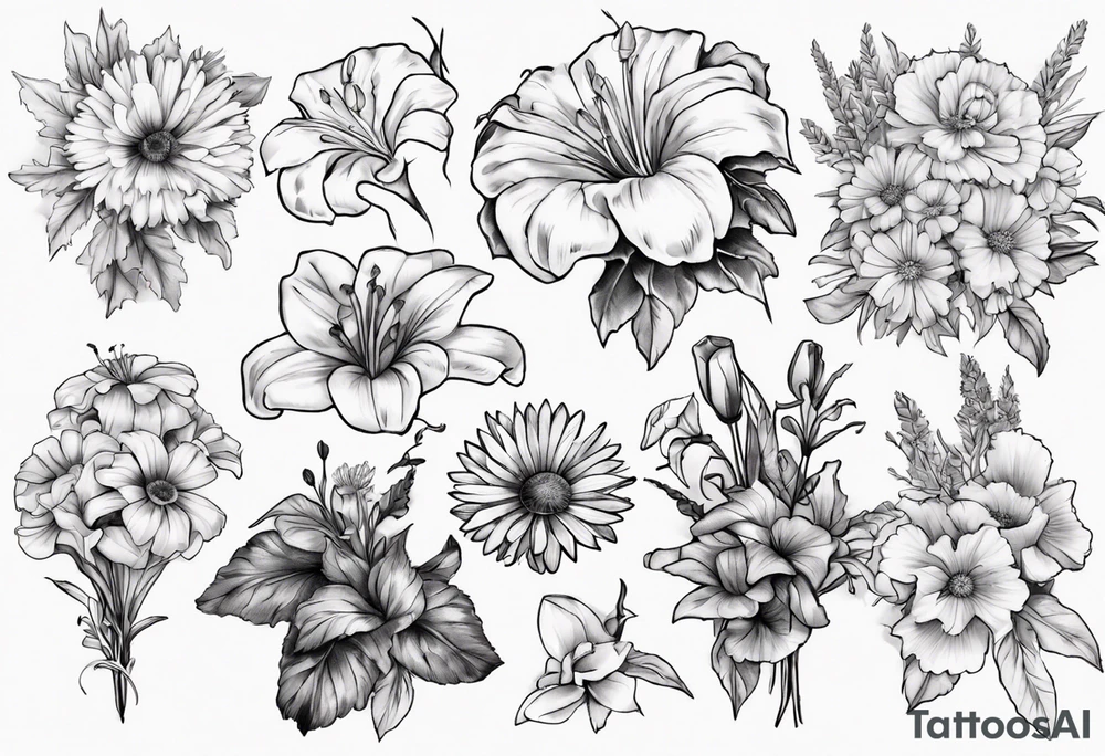 Bouquet including marigolds, lilies, morning glories, asters, violets, and carnations tattoo idea